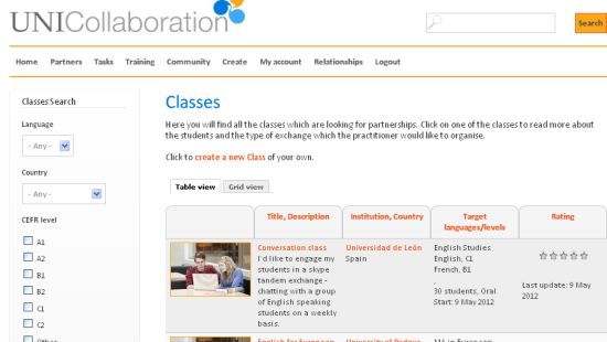 Screenshot of how to search for partner classes on uni-collaboration.eu