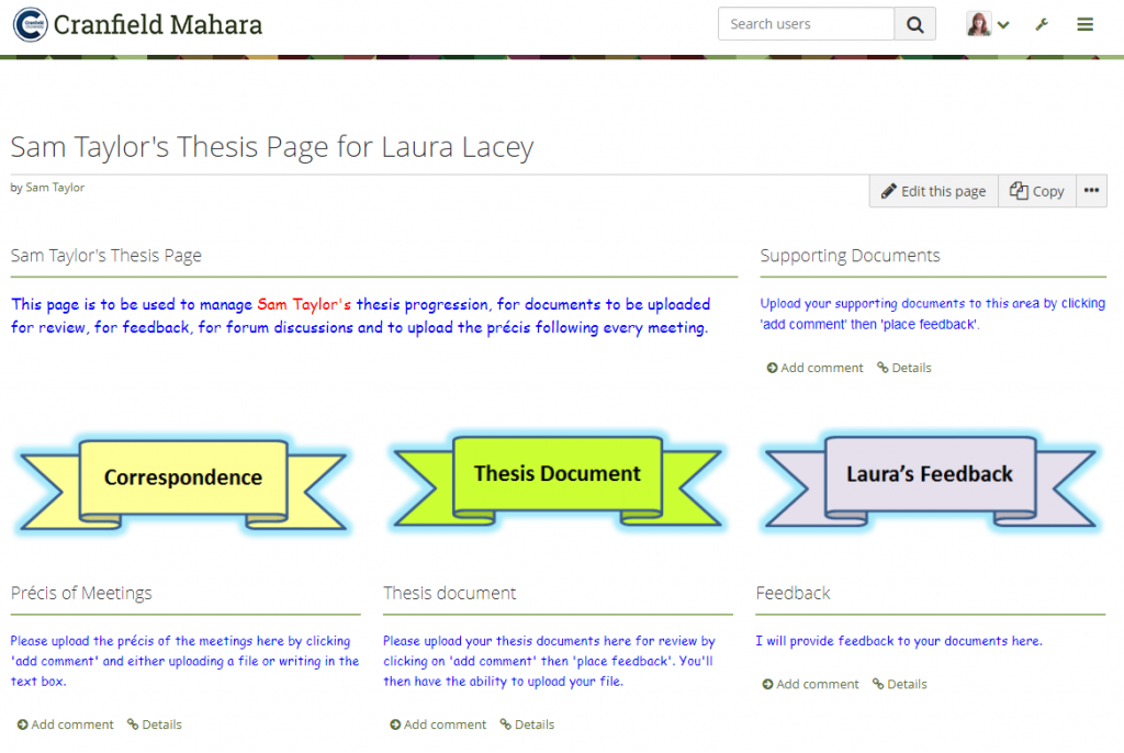 Screen shot of Mahara portfolio