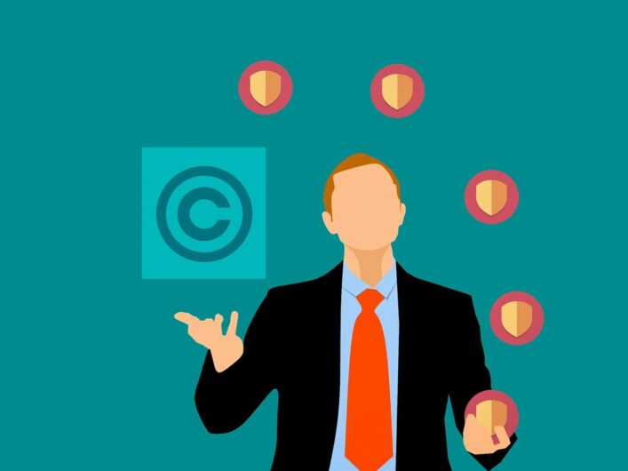 cartoon of man juggling copyright sign