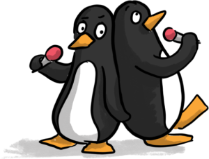 Drawing of two penguins dancing and singing