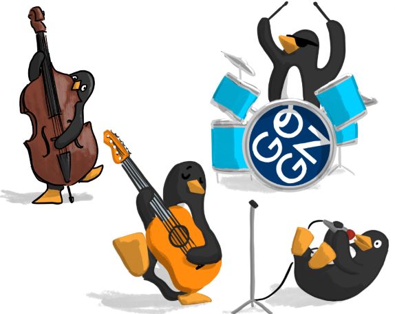 Drawing of penguins playing musical instrucments