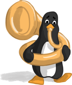 Drawing of penguin playing a horn