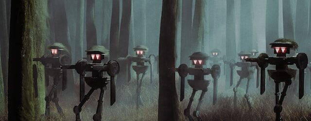 A group of robots in a forest with red lights for eyes