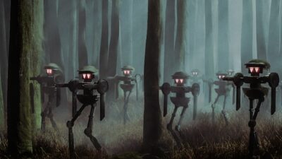 A group of robots in a forest with red lights for eyes