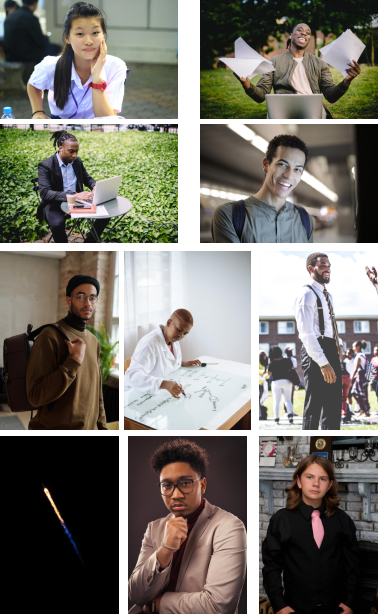 a set of images that contains two images of Black males with laptops, two males with lighter skin carrying backpacks, an individual with technical drawings, two black males in suits, a white male with long blonde hair, an East Asian female, and a firework