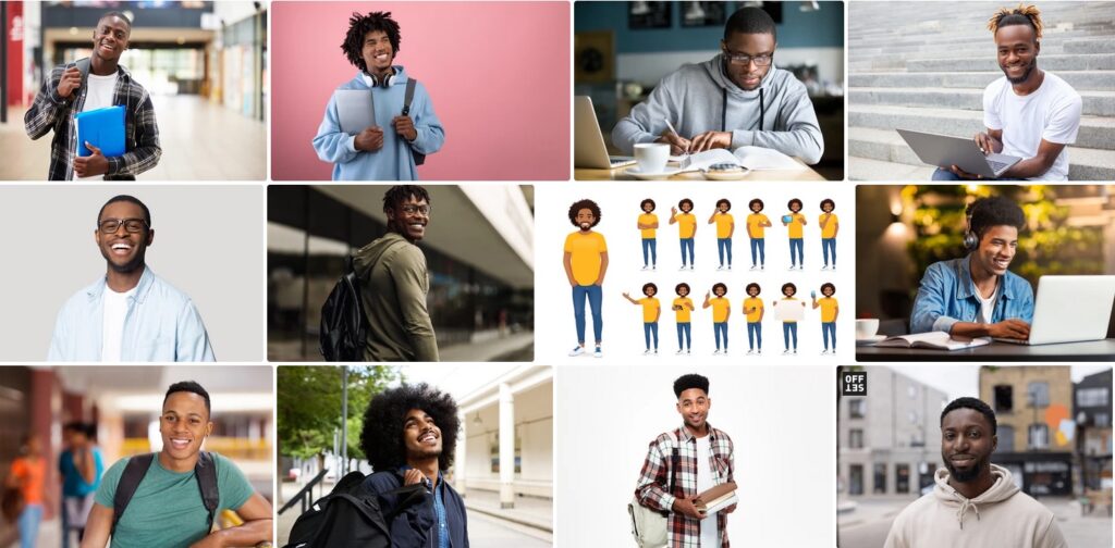 a set of images 11 or which show young Black males is some form of head shot, 3 include computers. One image is a set of vector cartoon graphics