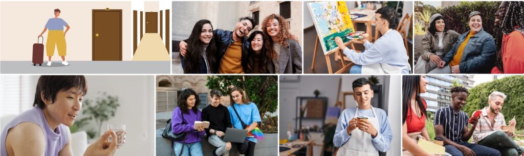 a set of images containing a cartoon of an oddly shaped figure, 4 images of groups of people smiling, someone painting, two individual in everyday poses