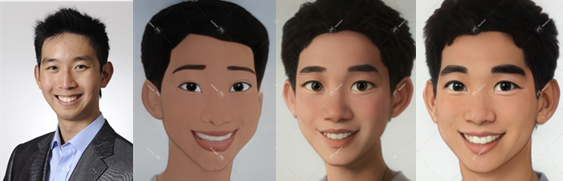 Photograph of an East Asian male, three cartoon images that are all similar but present a similar set of features to the original image
