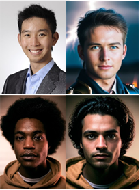 photograph of East Asian male the same as above next a white male with blue eyes and a young Black male next to a young male with similar features but much lighter skin