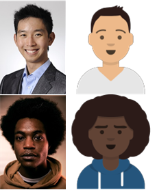 the same East Asian and Black males show above with avatars which reflect their hair quite well but very little else